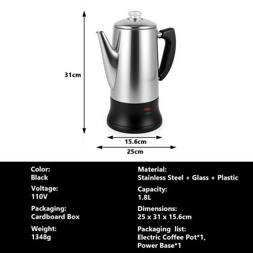 Electric coffee maker, 12-cup capacity, stainless steel construction, automatic heating with boil-dry protection, heat-resistant handle design, 360° swivel base, transparent brewing indicator.