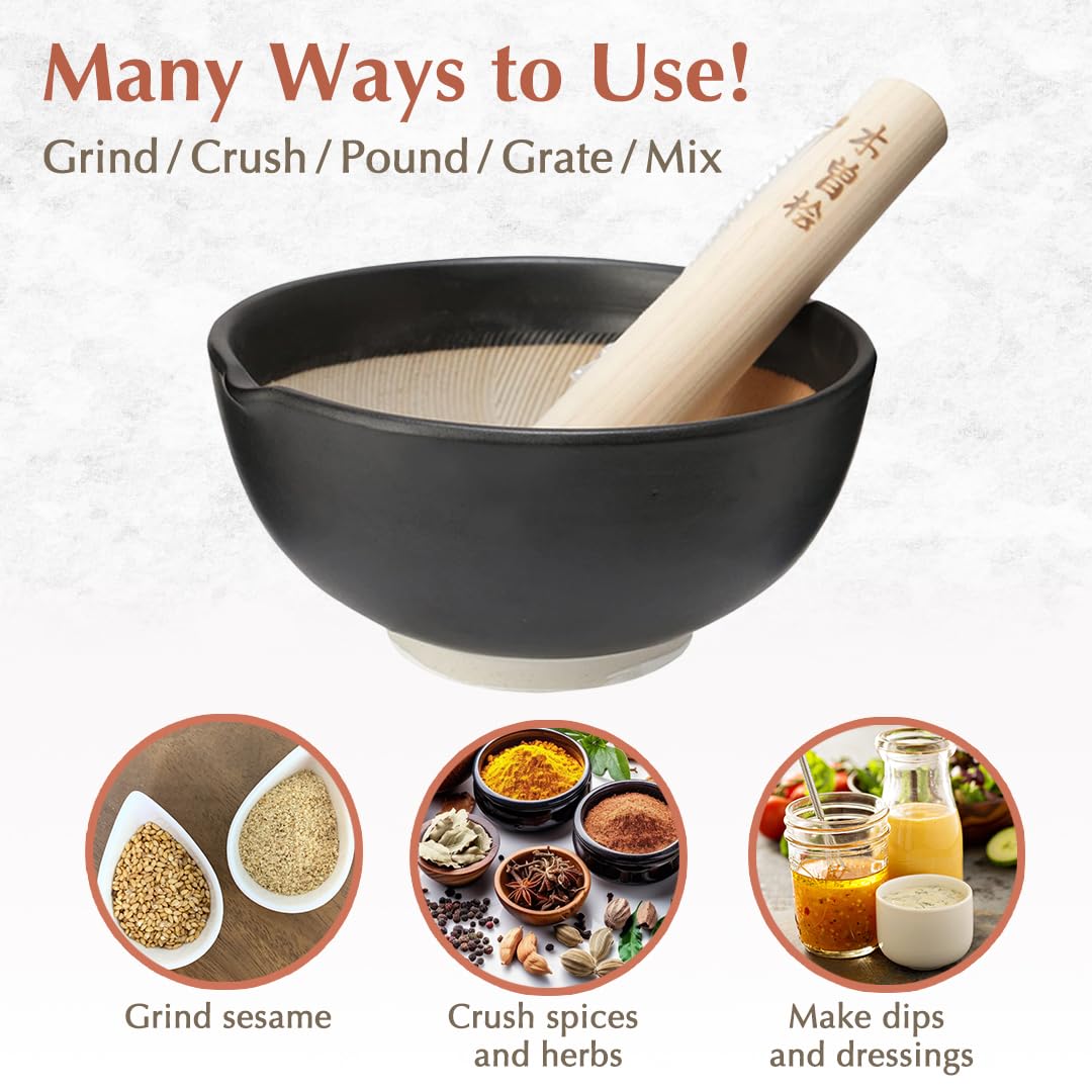 TIKUSAN Ceramic Ripple Ridge Mortar & Pestle (Suribachi & Surikogi) Set with Spout Made in Japan Mino Ware (Medium Black)