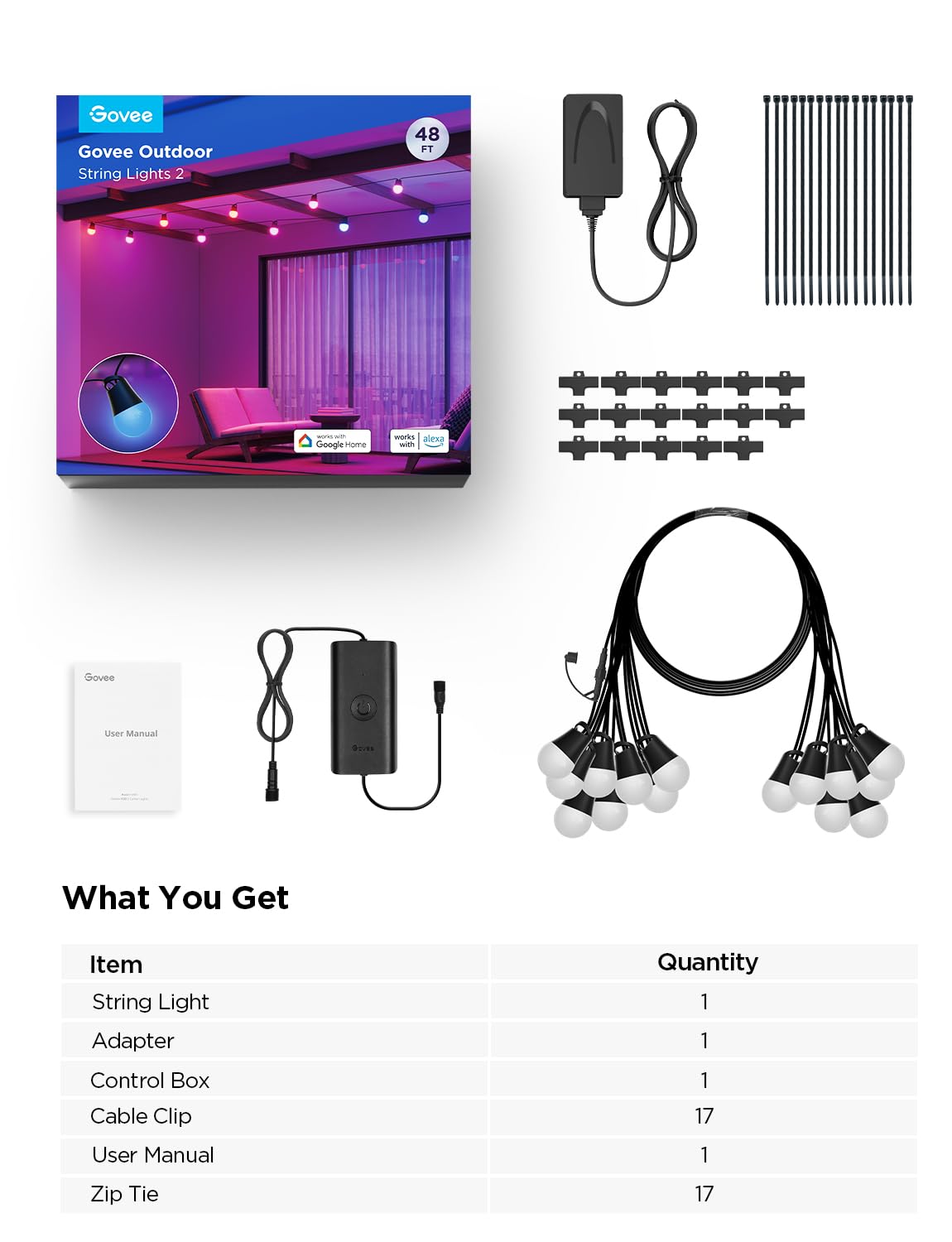 Govee Smart Outdoor String Lights 2, 48ft Outdoor Lights with Dimmable Warm White LED Bulbs, 47 Scene Modes for Patio, Backyard, Balcony, IP65 Waterproof, Works with Alexa, App Control