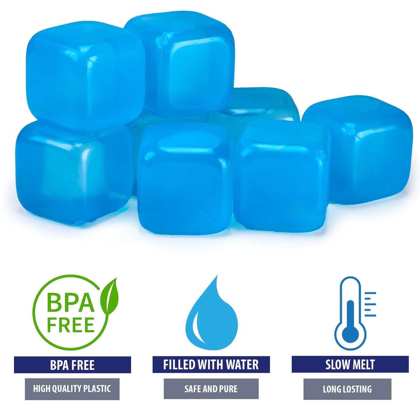 Extra Large Reusable Ice Cubes (2.6” Sq.) - BPA Free Plastic - for Cold Therapy Units, Drink Coolers, or Drink Dispensers. Stay cold Longer. 6-Pack