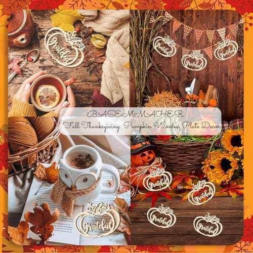 24 Pcs Fall Thanksgiving Pumpkin Wooden Plate Decor Cutouts Thankful Blessed Place Cards Wood Signs Hanging Ornament Table Decorations for Autumn Harvest Home Tabletop Plate Supplies