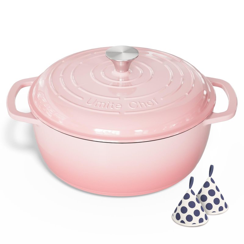 Umite Chef 6QT Enameled Cast Iron Dutch Oven with Lid, Versatile Heavy-Duty Cookware Pot for Baking Bread, Braising, Soups & Stews, Oven & Stovetop Safe with Heat Resistant Gloves(Pink)