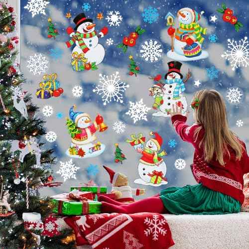 6 Sheets Christmas Window Clings Double-Sided Snowman & Snowflake Decorations for Glass Windows Reusable Snowman Christmas Window Stickers for Glass Peel & Stick Holiday Decals for Home Party Decor