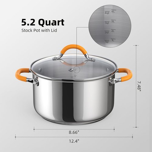 Ciwete Stainless Steel Stock Pot - 5.2 Quart Heavy-Duty Induction Cooking Pot with Lid | Even Heating, Dishwasher Safe