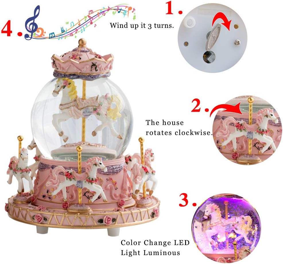 LOVE FOR YOU Musical Snow Globe Carousel | Gift-Wrapped with Ribbon, Colorful Lights & Horses - Perfect for Girls, Women & Kids