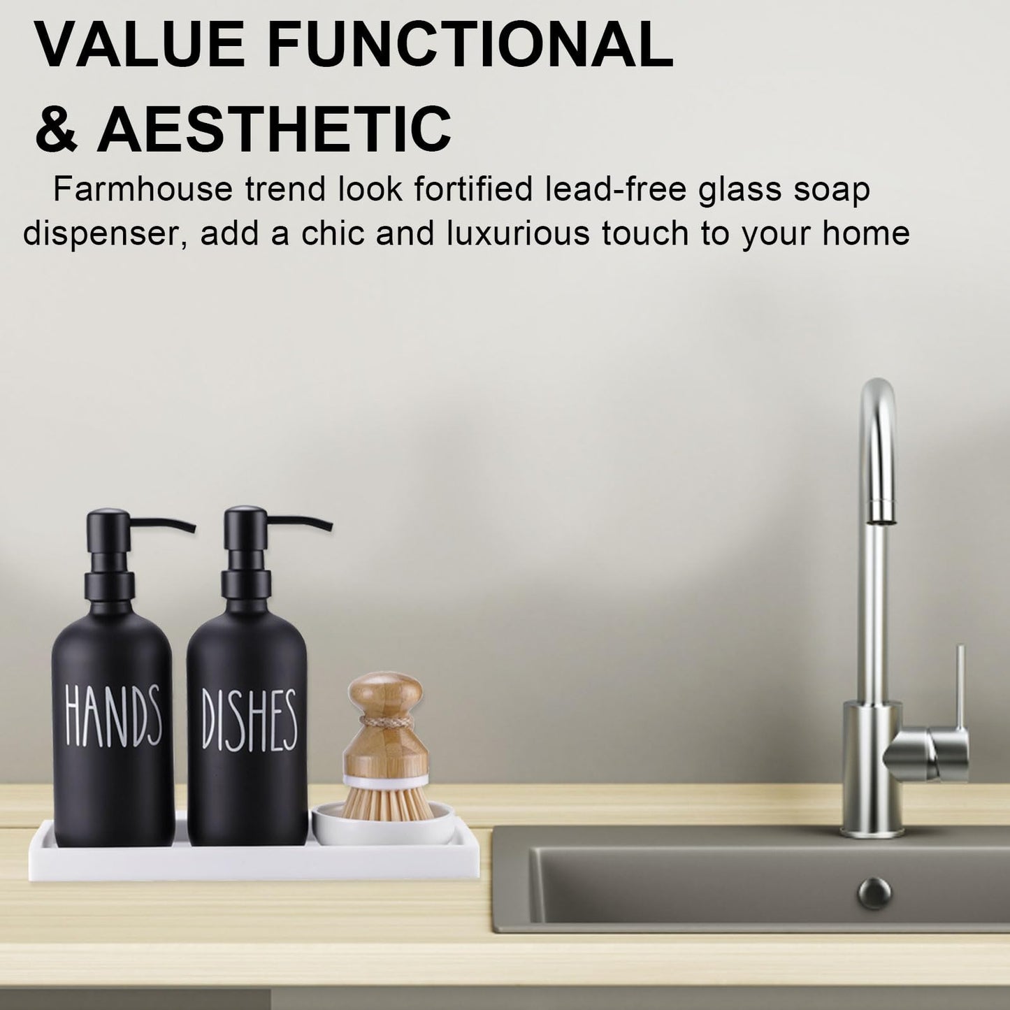 Glass Soap Dispenser for Kitchen Sink,Farmhouse Kitchen Dish Soap Dispenser&Hand Soap Dispenser Set,Rustproof Pump Soap Dispenser Set with Tray and Dish Brush,Kitchen Decor(Black)