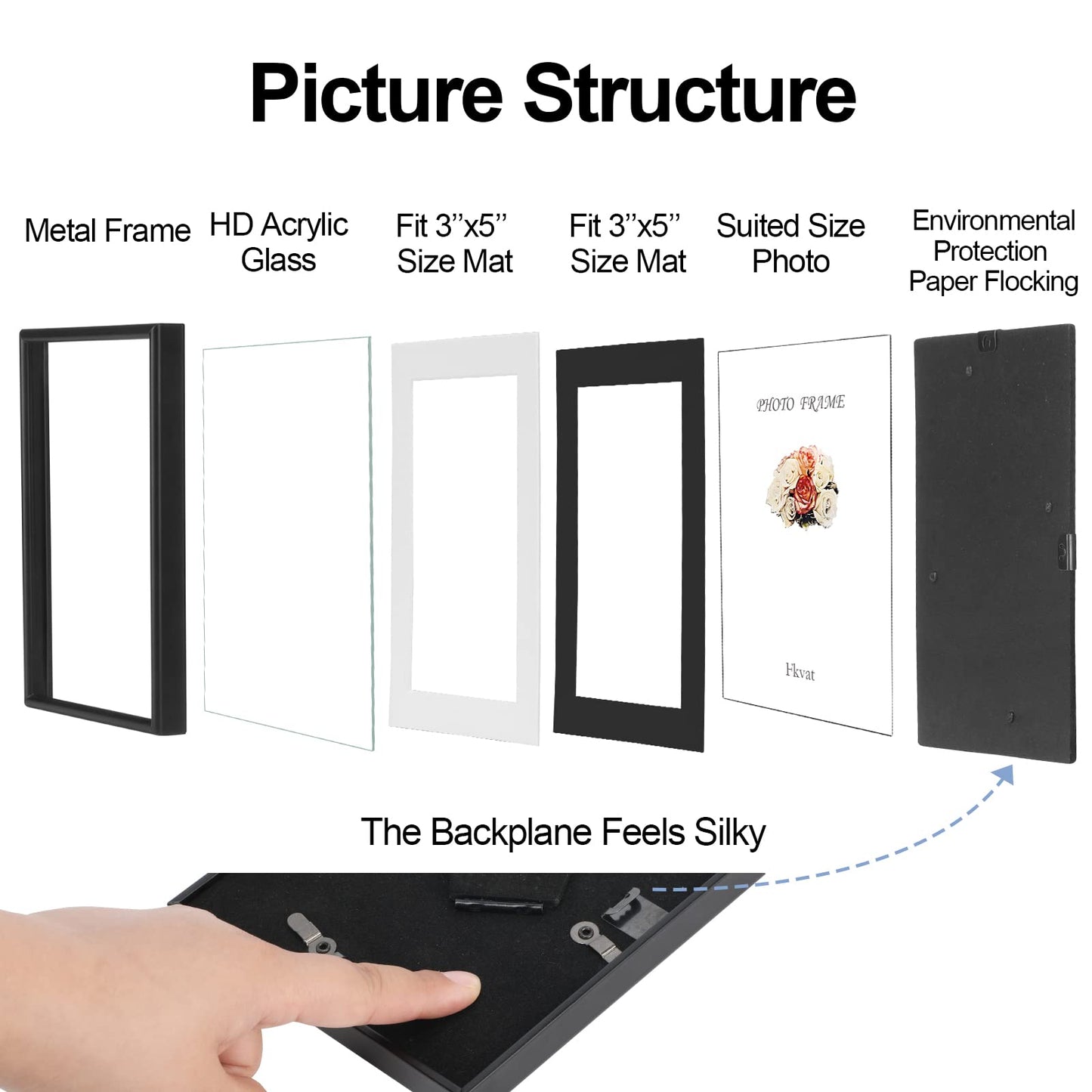 Fkvat 4x6 Picture Frame Set of 4, Matted Black Simple Modern Brushed Thin Aluminum Metal Photo Frame Fits 3x5 with Mat or 4 x 6 without Mat Vertical and Horizontal for Tabletop and Wall Mounting