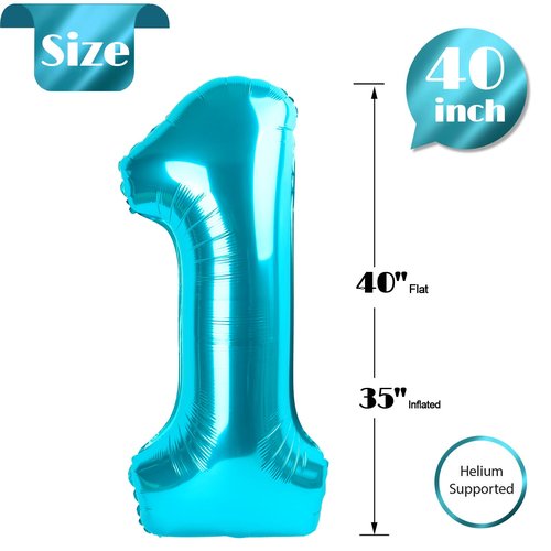 40 Inch Blue 1 Balloon for First Birthday, 1st Number Balloons Birthday Decorations for Girl Boy Kids Toddler Baby, One Giant Number 1 Balloon