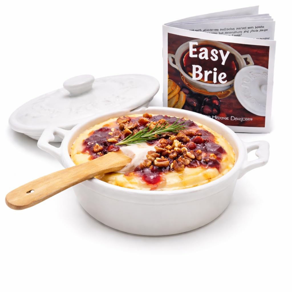 Christina Home Designs White Ceramic Brie Baker with Lid – Oven-Safe Baked Brie Dish + Brie Recipe Cookbook – Hostess Gift for Charcuterie, Holiday Parties & Everyday Entertaining