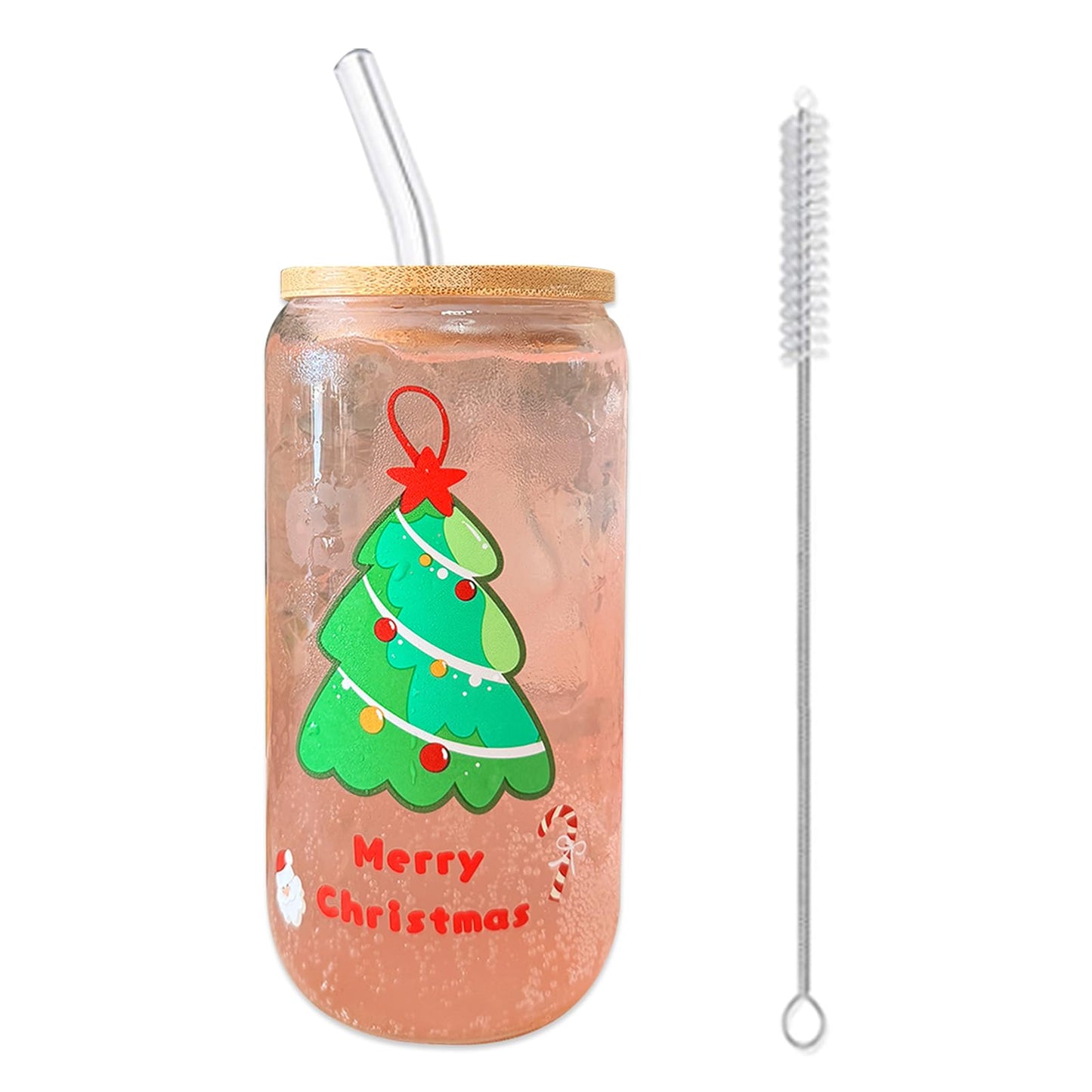 anabox Color Changing Glass Cups with Bamboo Lids and Straws, 16oz Glass Tumbler for Ice Coffee Milk Tea Juice Christmas Cups gift (Xmas 1PCS)
