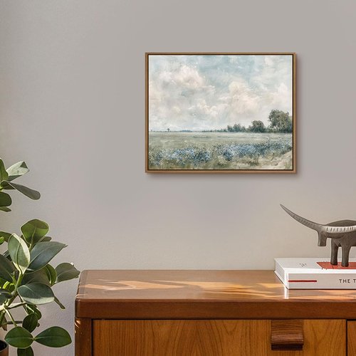 Framed Vintage Landscape Wall Art - Vast Grassland Field Canvas Print | Rustic Wildflower Oil Painting, 8"x10"