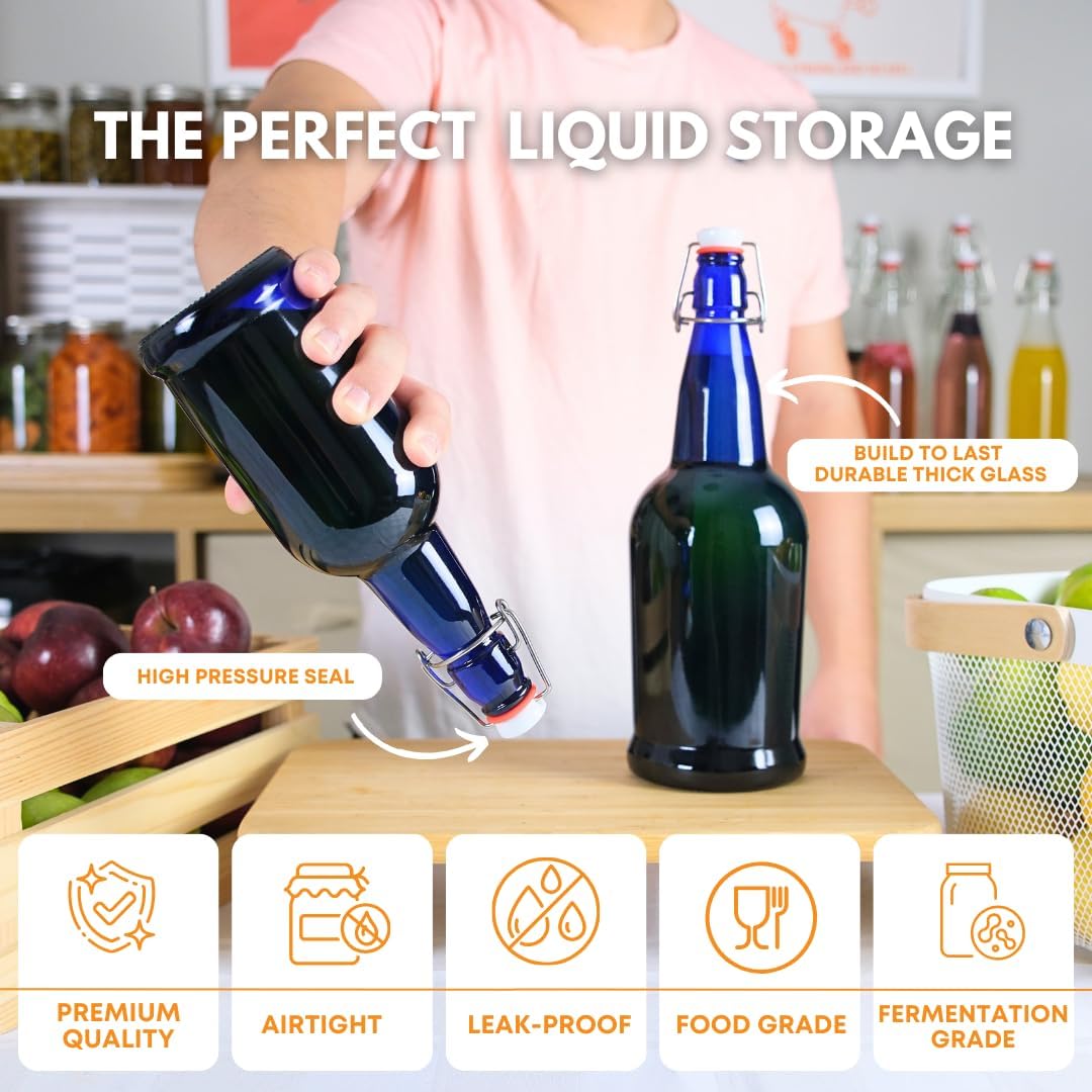 FastRack 33 oz Blue Swing Top Glass Bottles (Pack of 6) | Flip-Top Airtight Bottles with Resealable Grolsch-Style Caps | Reusable Glass Bottles for Kombucha, Beer, Mead, Soda, Vinegar & Water
