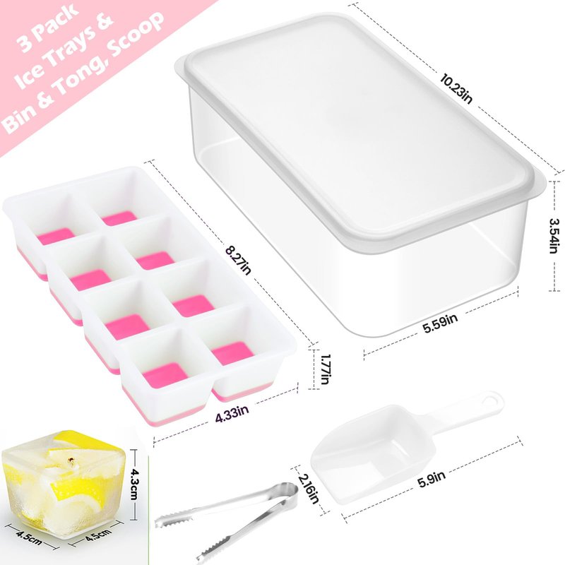 Large Ice Cube Tray with Lid and Bin, Jrisbo Silicone Big Square Ice Cube Molds for Freezer, 3 Pack Stackable Huge Cubed Ice Trays with Ice Tong, Ice Scoop for Whiskey Cocktails Soups Frozen Treats