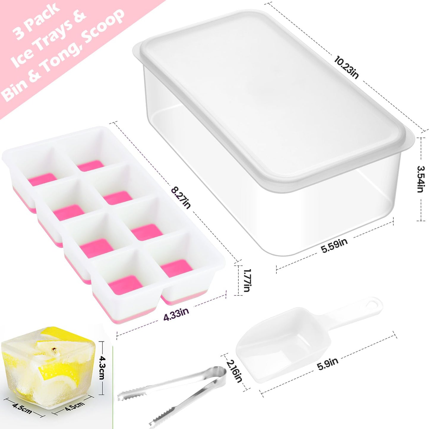 Large Ice Cube Tray with Lid and Bin, Jrisbo Silicone Big Square Ice Cube Molds for Freezer, 3 Pack Stackable Huge Cubed Ice Trays with Ice Tong, Ice Scoop for Whiskey Cocktails Soups Frozen Treats
