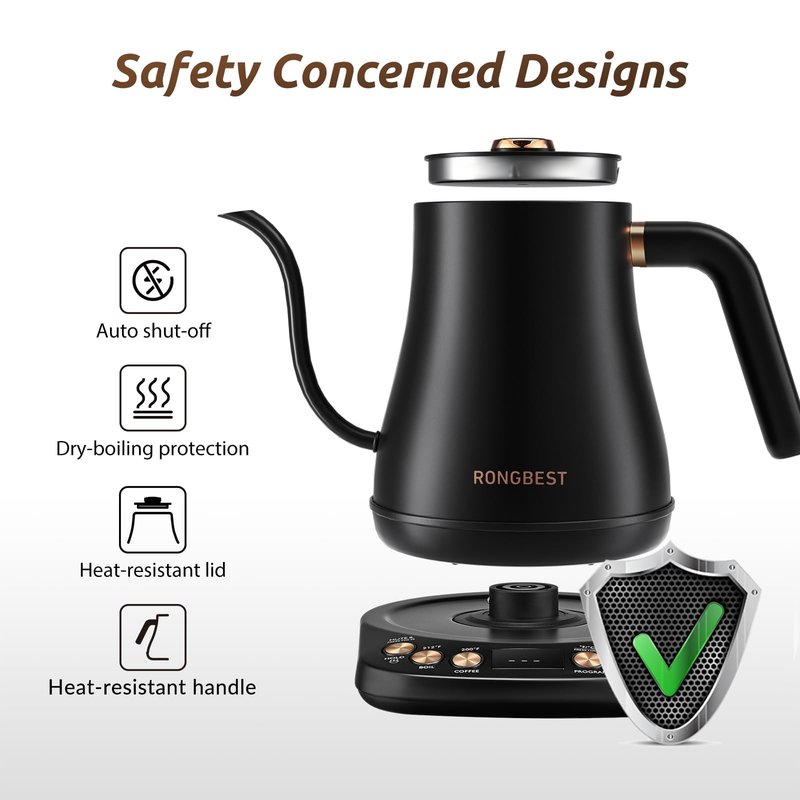 RONGBEST Electric Gooseneck Kettle 1L, 6 Temperature Presets, 1200W Quick Heating Water Pour Over Coffee & Tea Pot with Auto Shut-off & Keep-warm, Stainless Steel Inner & Lid, Matte Black