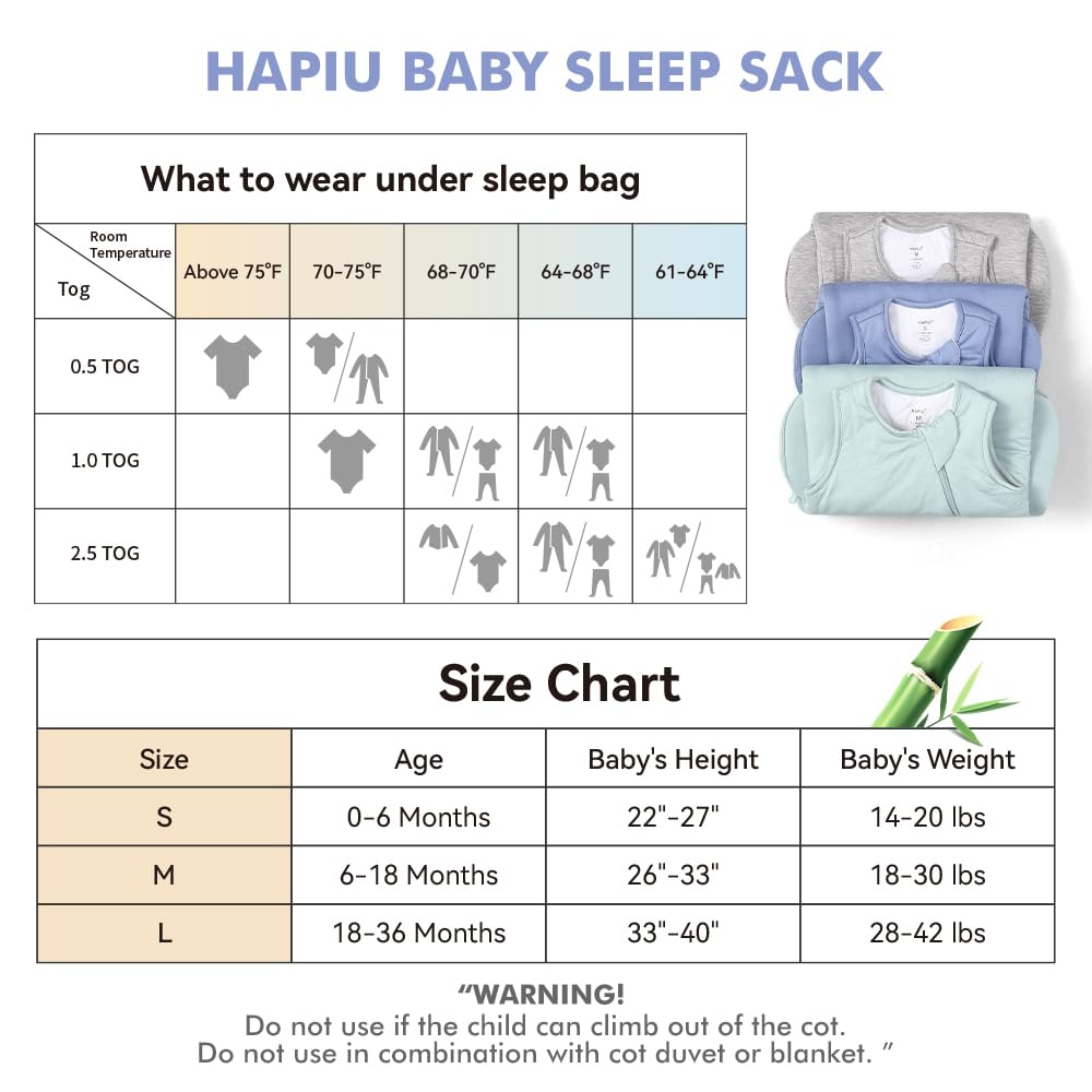 HAPIU Rayon Made from Bamboo Winter Baby Sleep Sack 2.5 TOG, 2-Way Zipper YKK, Warm Quilted Wearable Blanket Baby Infant Toddler, 18-36 Months, Sage