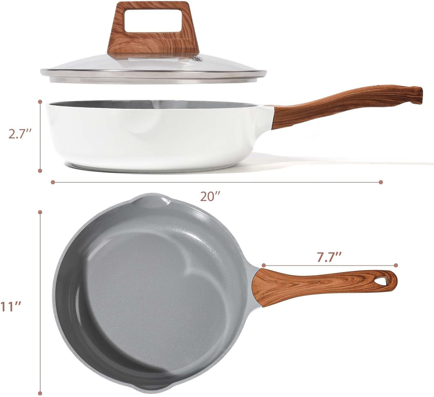 Skiennix Nonstick Frying Pan - 11-Inch Ceramic Skillet with Lid & Pour Spout | PFOA-Free, White