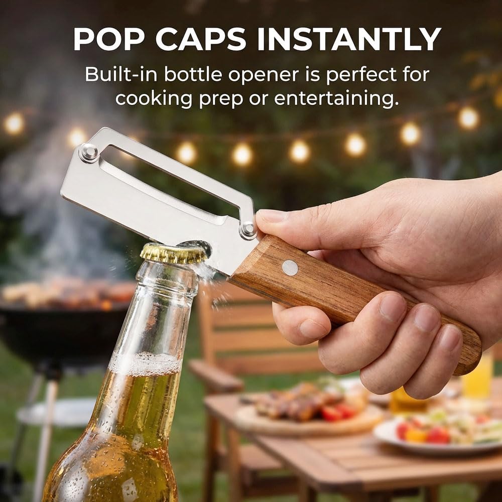 Skiennix Vegetable Peeler - 2-in-1 Multi-Functional Kitchen Tool with Wooden Handle & Bottle Opener | Stainless Steel
