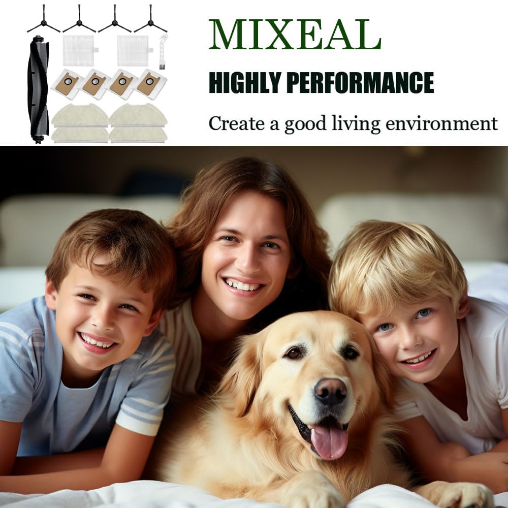 MIXEAL Vacuum Repalcement Parts for Airrobo T20+ Robot Vacuum,1 Main Brush Roller,2 HEPA Filters,4 Mop Pads+4 Vacuum bags+4 Edge Brushes