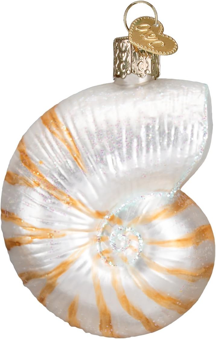 Beach Shells Glass Blown Ornaments for Christmas Tree - Junonia Shell, Tan/Brown/White/Gold