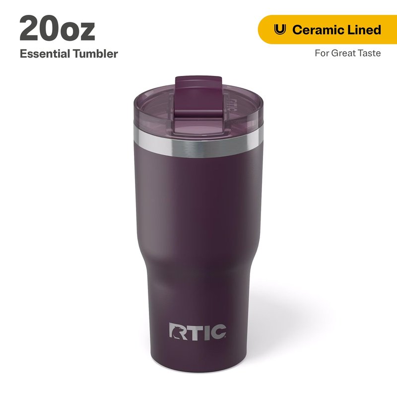RTIC 20oz Essential Tumbler with Lid, Ceramic Lined, Insulated, Stainless Steel, Metal, Double Wall Vacuum-Insulation, Travel Cup for Iced Coffee, Tea, Hot and Cold Drink, Plum