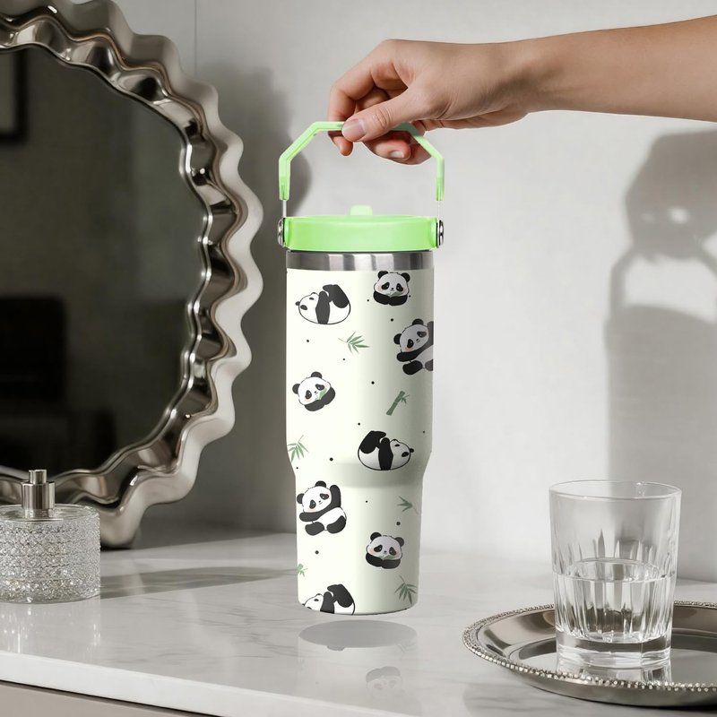 Xchearser Panda Tumbler with Handle and Flip Straw, 30oz Travel Coffee Mug Water Bottle with Lid, Stainless Steel Insulated Cup, Birthday Gifts for Women Animal Lovers