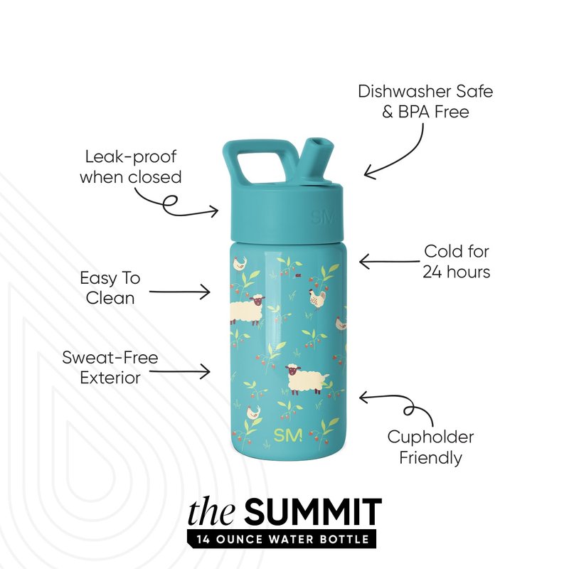Simple Modern Kids Summit Water Bottle with Straw Lid | 14oz Stainless Steel Cup Insulated Tumbler for Toddlers, Girls, School | Sheeps & Strawberries