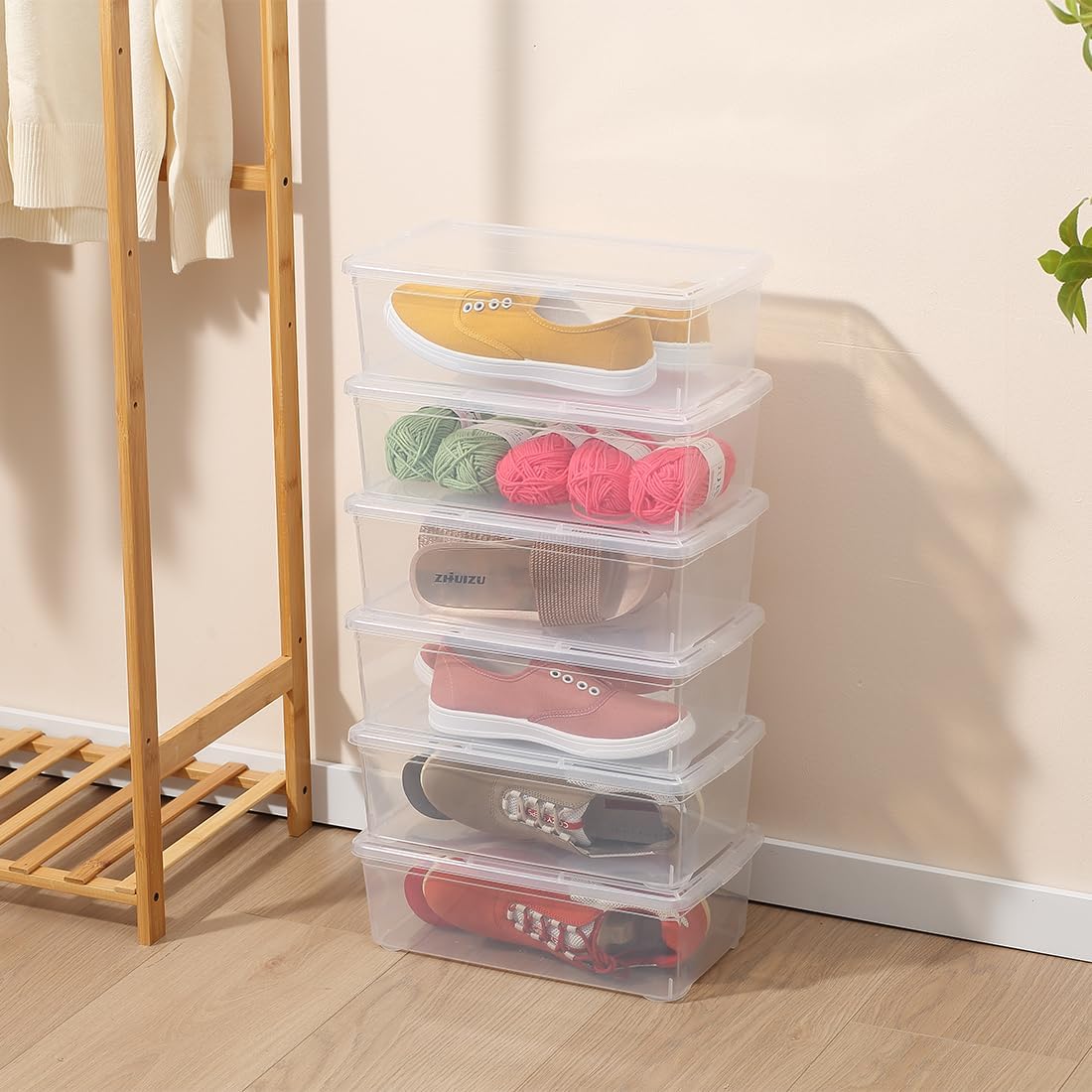 Skiennix 6Qt Shoe Storage Box - 12 Pack Stackable Organizer Bins with Lids for Shoes & Crafts