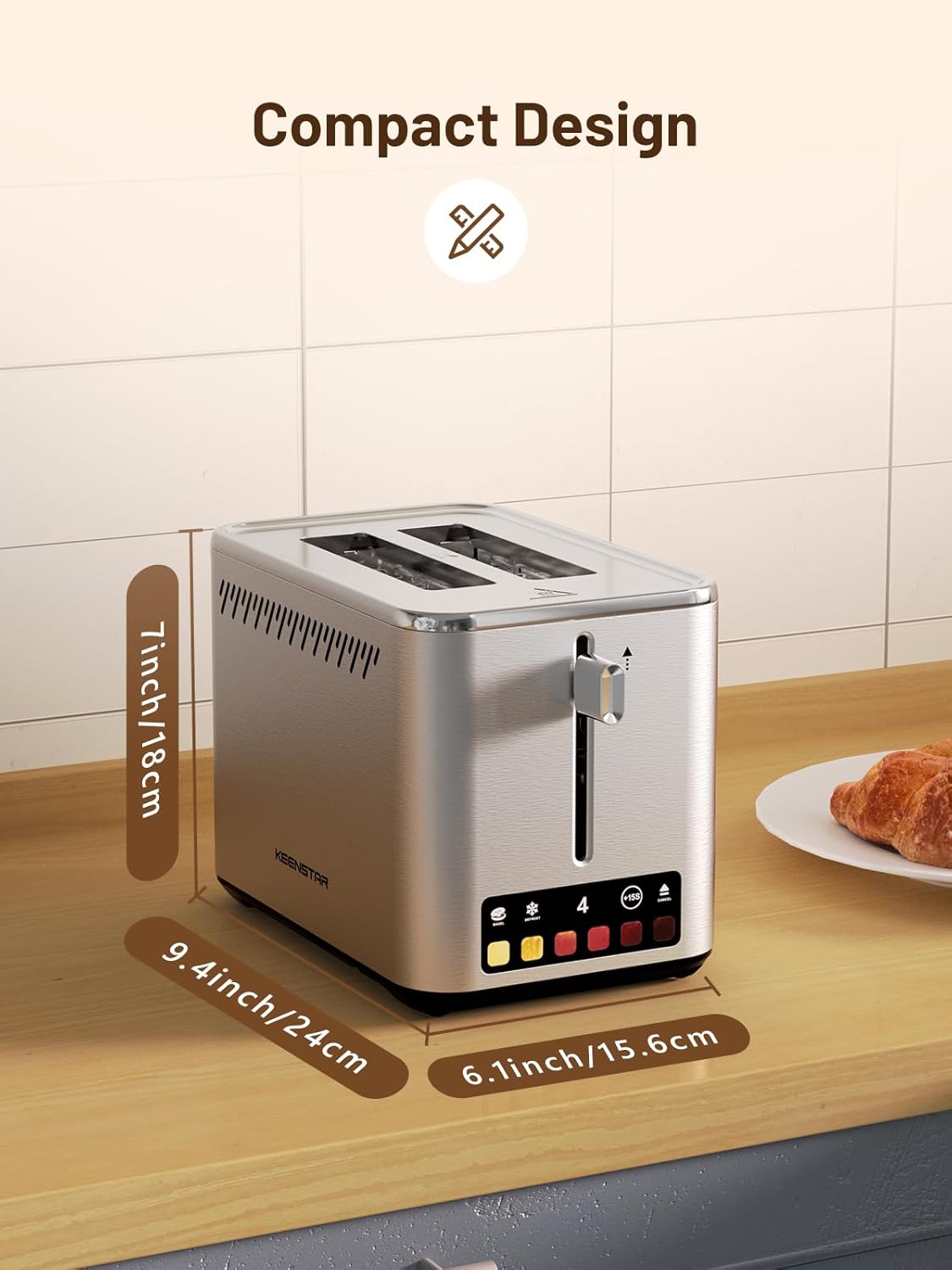 KEENSTAR 2-Slice Touch Screen Toaster - 6 Browning Levels, Wide 1.5" Slots, Stainless Steel Finish