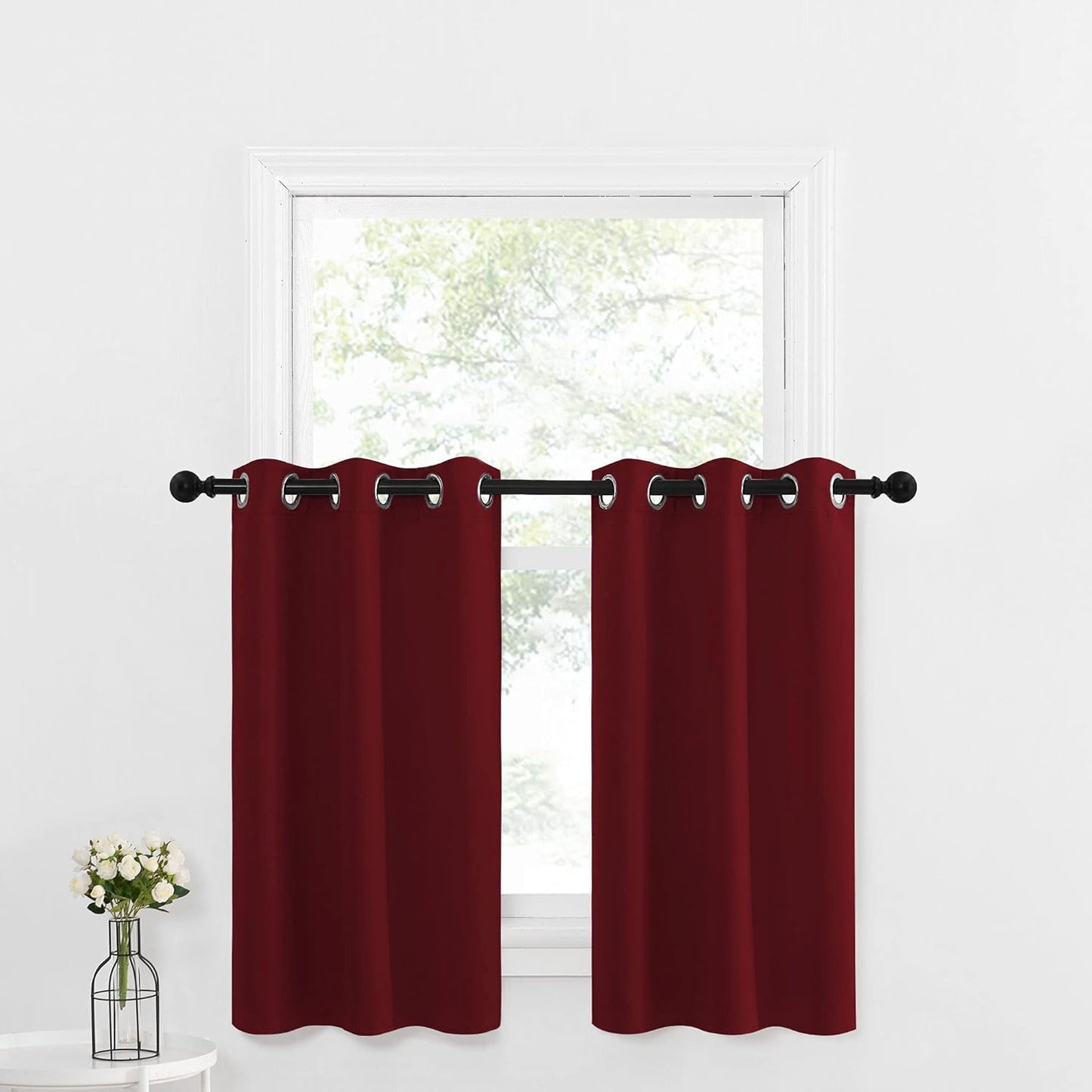 Thermal Insulated Blackout Kitchen Curtains for Small Windows - Burgundy Tiers (29x36 inches)