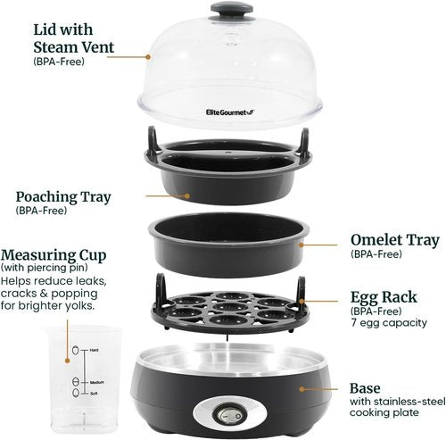 Elite Gourmet Rapid Egg Cooker - Prepare 7 Easy-To-Peel Eggs, Poach & Make Omelets | Charcoal Grey