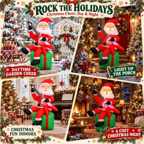 Paeyeq 5FT Christmas Inflatable Santa with Guitar - Outdoor Holiday Decor, Red & Green Variant