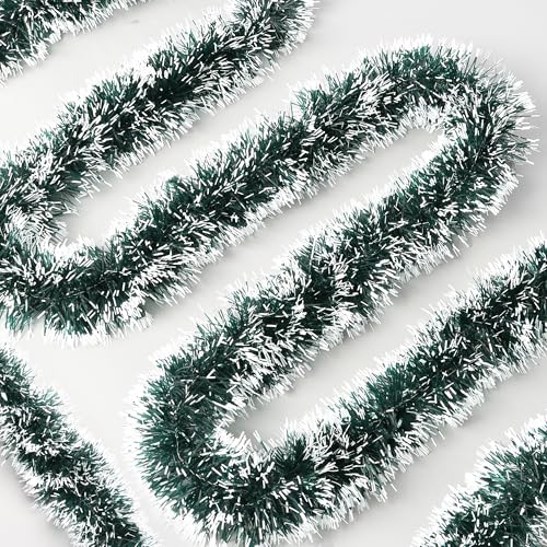 Huyamap 50FT Green White Christmas Tinsel Garland Metallic Twist Xmas Decor