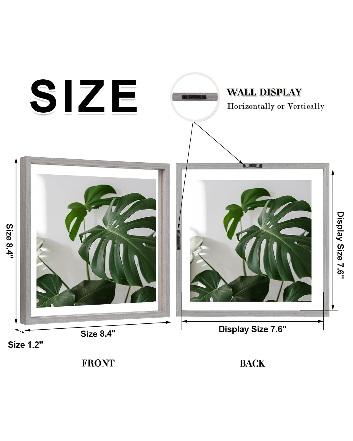 Egofine 8x8 Floating Frames Set of 2, Double Plexiglass Picture Frame, Made of Solid Wood Display Any Size Photo up to 8x8, Wall Mount or Tabletop Standing, Light Grey