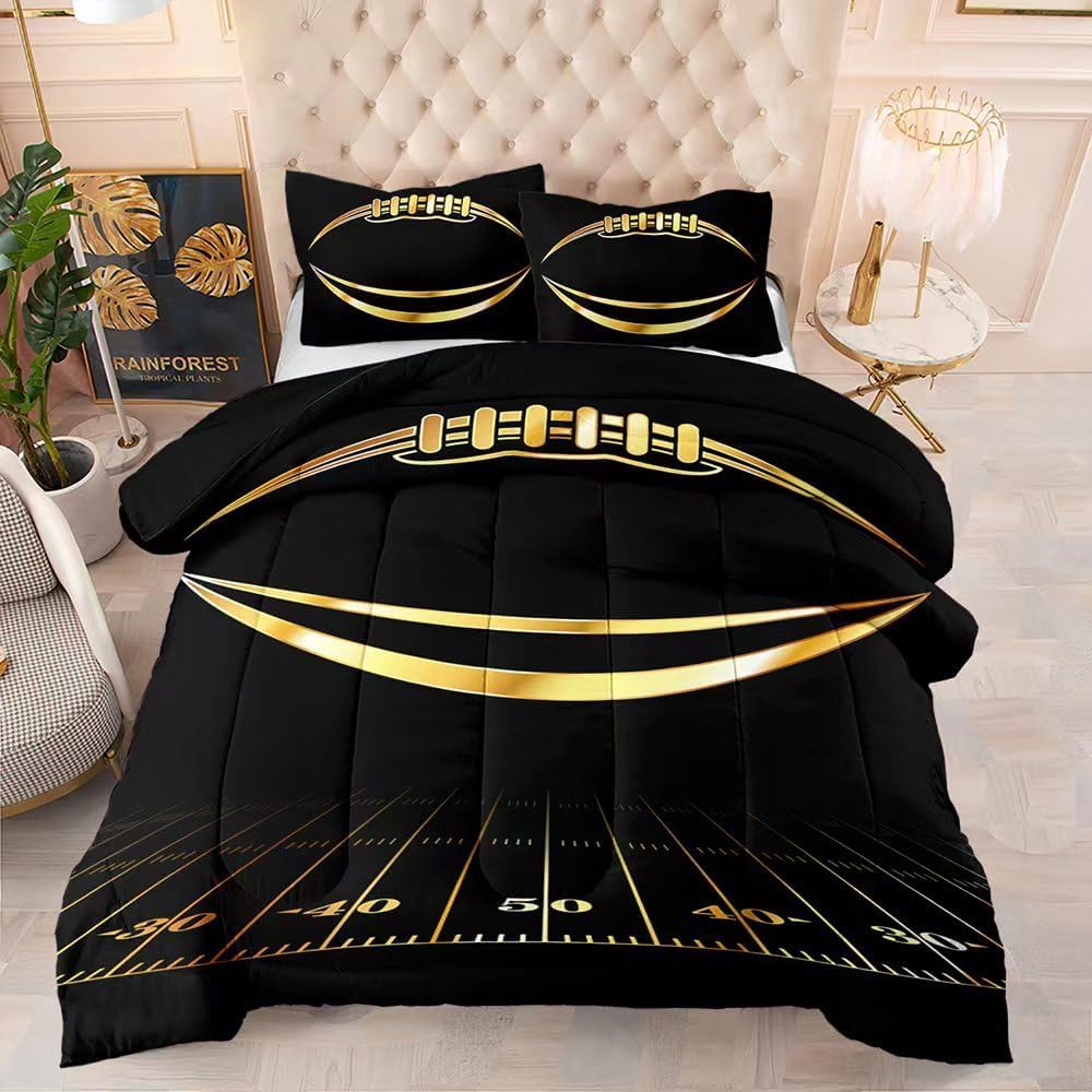 Football Comforter Sets,6 PCS Football Bedding Set,Kids Comforter Sets for Boys,Twin Black and Gold Bed Sets for Boys,Bed in A Bag with Sheets