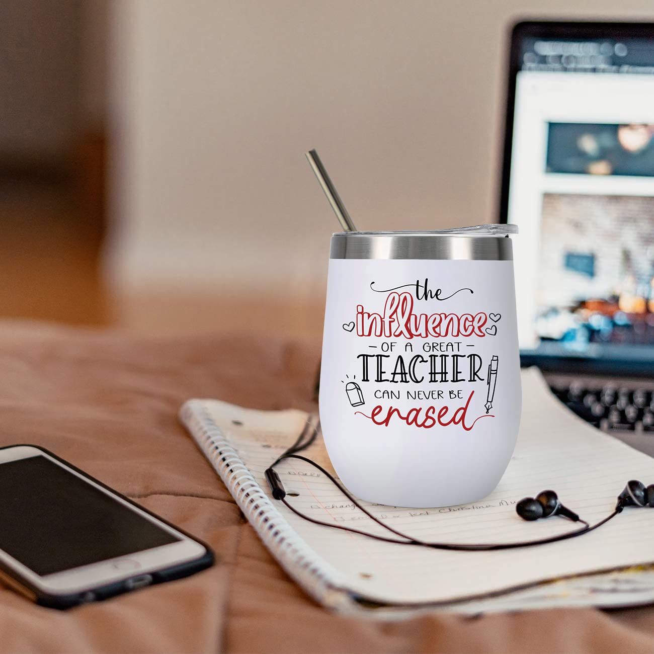 CARAKNOTS Teacher Appreciation Gifts for Women Tumbler Teacher Gifts for Valentines Graduation Birthday Retirement Christmas 12 oz Stainless Steel Wine Tumbler with Lid and Straw White