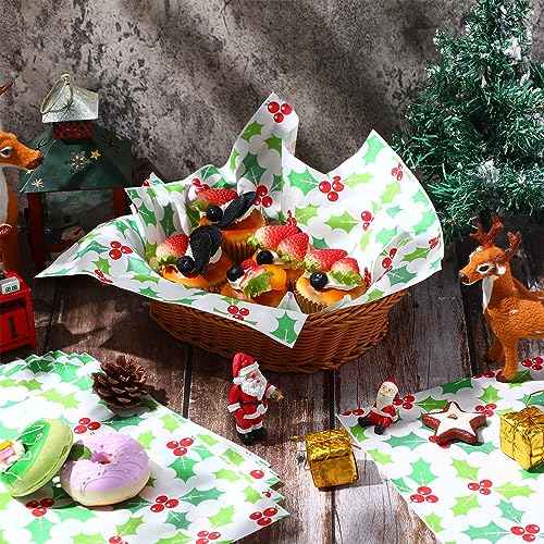 Yahenda 150 Pieces Christmas Wax Paper Parchment Paper Sheets Decorative Waterproof Bakery Tissue Grease Resistant Christmas Food Baking Colored Basket Liners Xmas Supplies