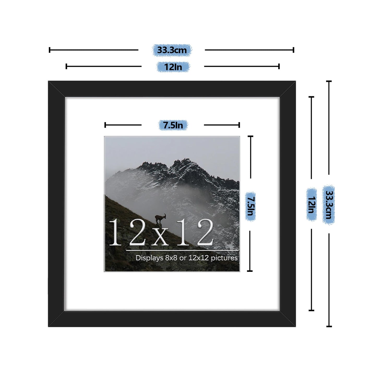 Picrit 12x12 Picture Frame Set of 7, Display 8 x 8 with Mat or 12 x 12 Without Mat, Photo Frames for Wall Mounting Display, Black.