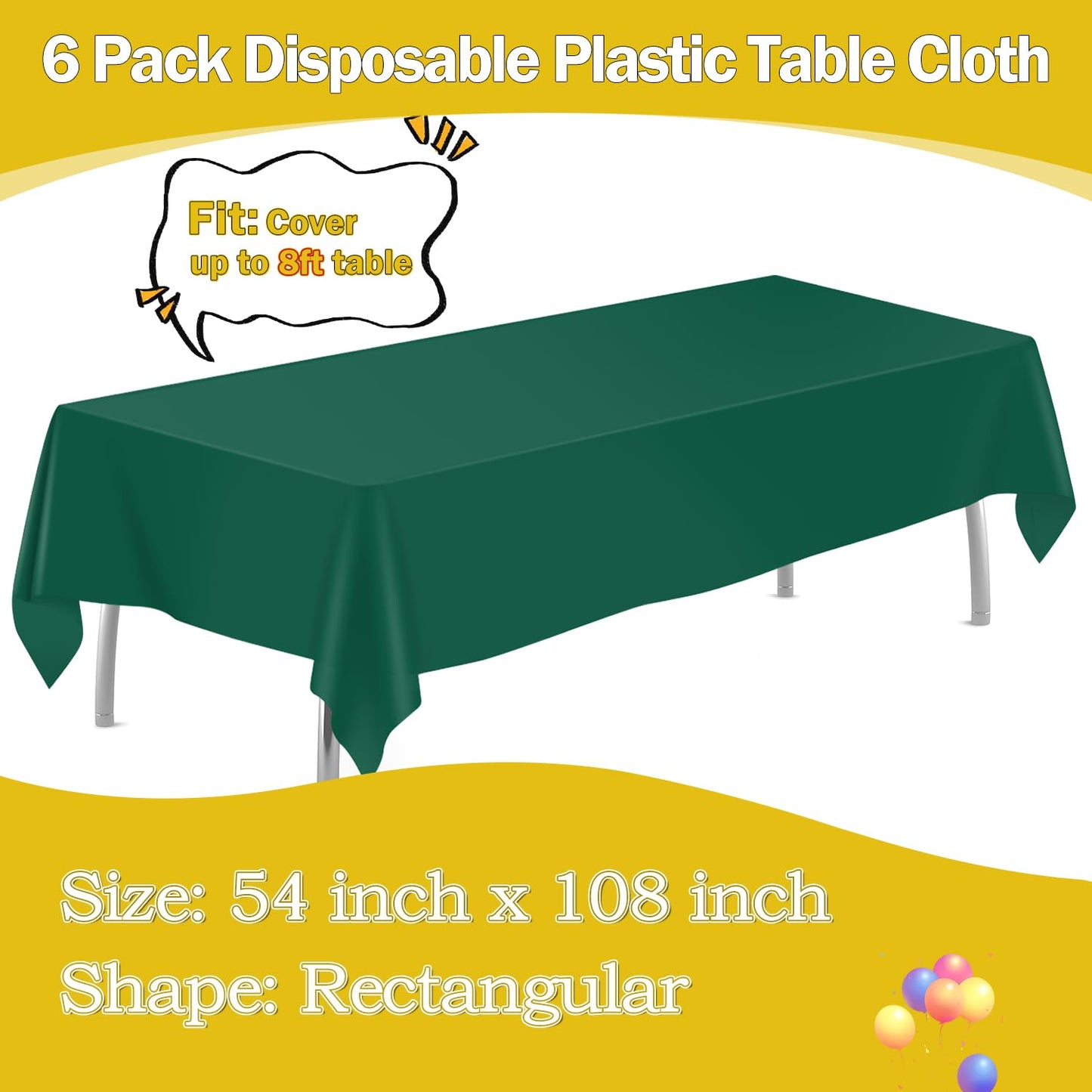 tujol Dark Green 6 Pack Plastic Table Cloth 54" x 108", Disposable Tablecloths Rectangle Table Cover, Plastic Tablecloths for Parties