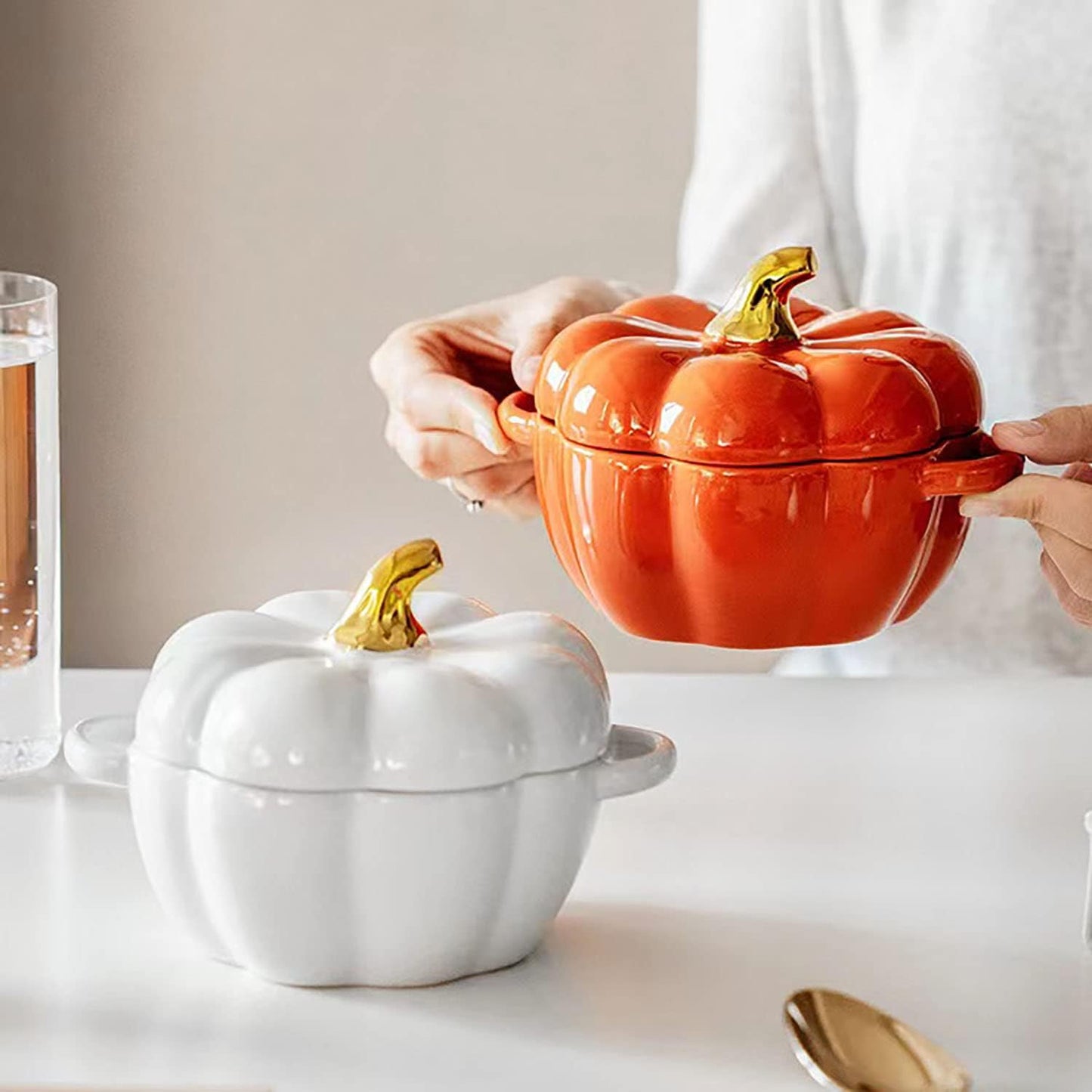 Regine Switzerland Pumpkin Bowl Set - 4 Ceramic Ramekins with Lid & Handle | Oven Safe, 14 Oz (Orange)