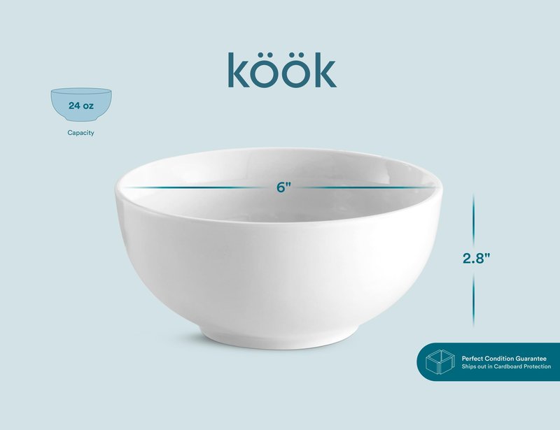 KooK Ceramic Cereal Bowls, Microwave, Dishwasher and Freezer Safe, Porcelain Dishes for Soup, Pasta, Salad, Oatmeal, Deep Interior, 24 oz, Set of 6, Marshmallow White