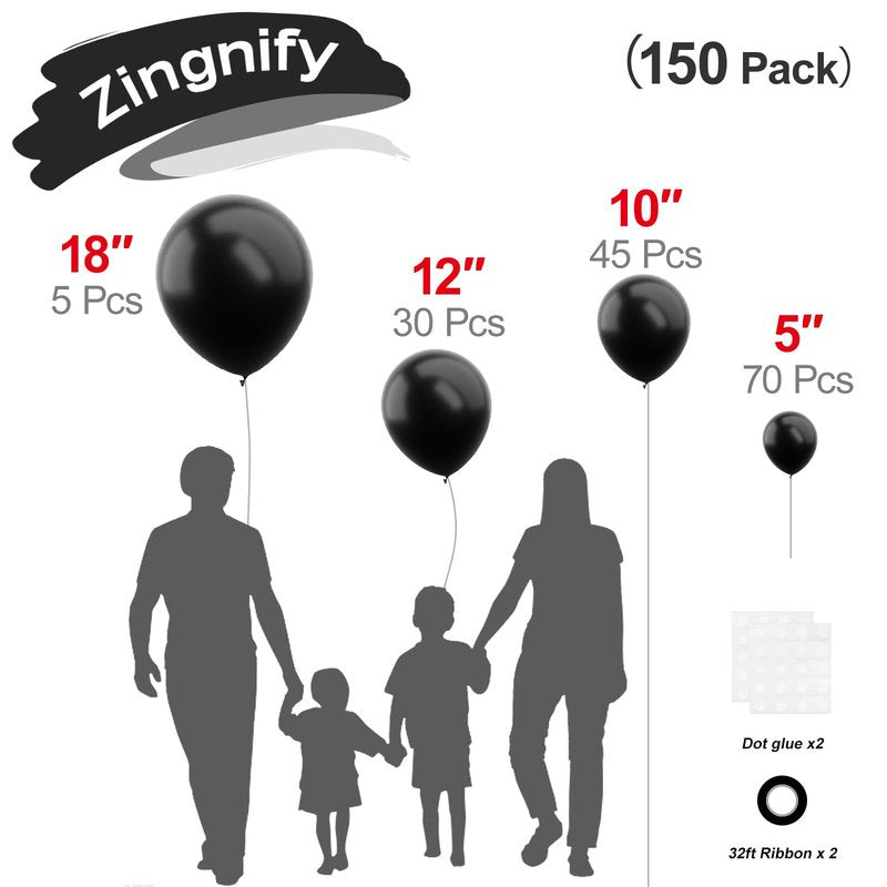 Zingnify Matte Black Latex Balloons 149 Pcs Multi-Sizes (18/12/10/5") Balloon Garland Arch Kit, Birthday Wedding Halloween Bachelor Party Decorations
