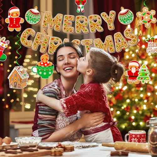 LARRAZABAL Gingerbread Banner, Gingerbread Christmas Decor Include Christmas Banner and Gingerbread Hanging Swirl, Christmas Party Supplies Decorations