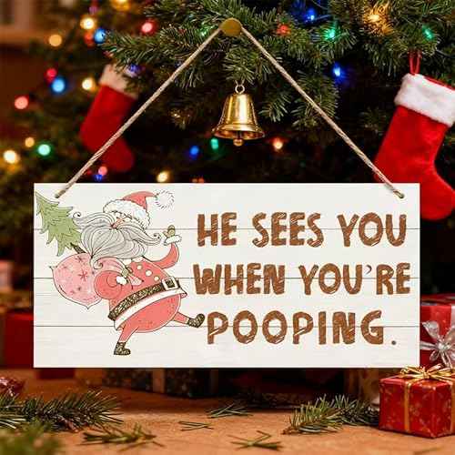 Christmas Bathroom Decor, He Sees You When You're Pooping, Funny Christmas Decor, Bathroom Wooden Sign, Farmhouse Xmas Home Wall Decoration