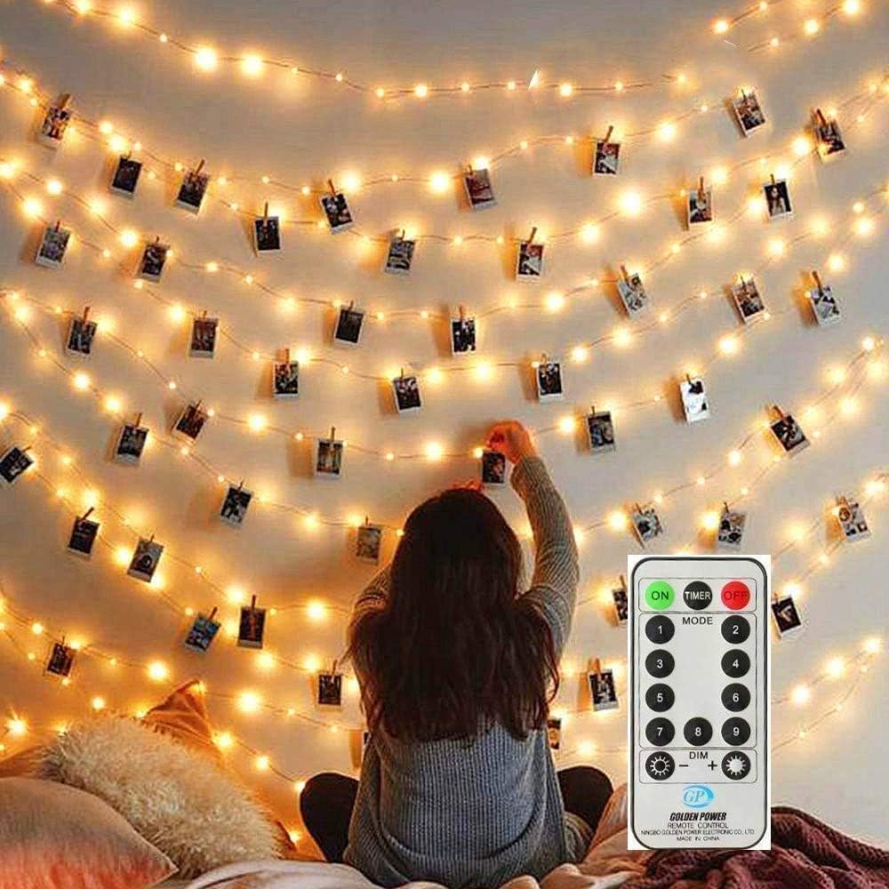 50 LED Dimmable Battery-Powered Photo String Lights with Remote - Warm White for Pictures & Cards