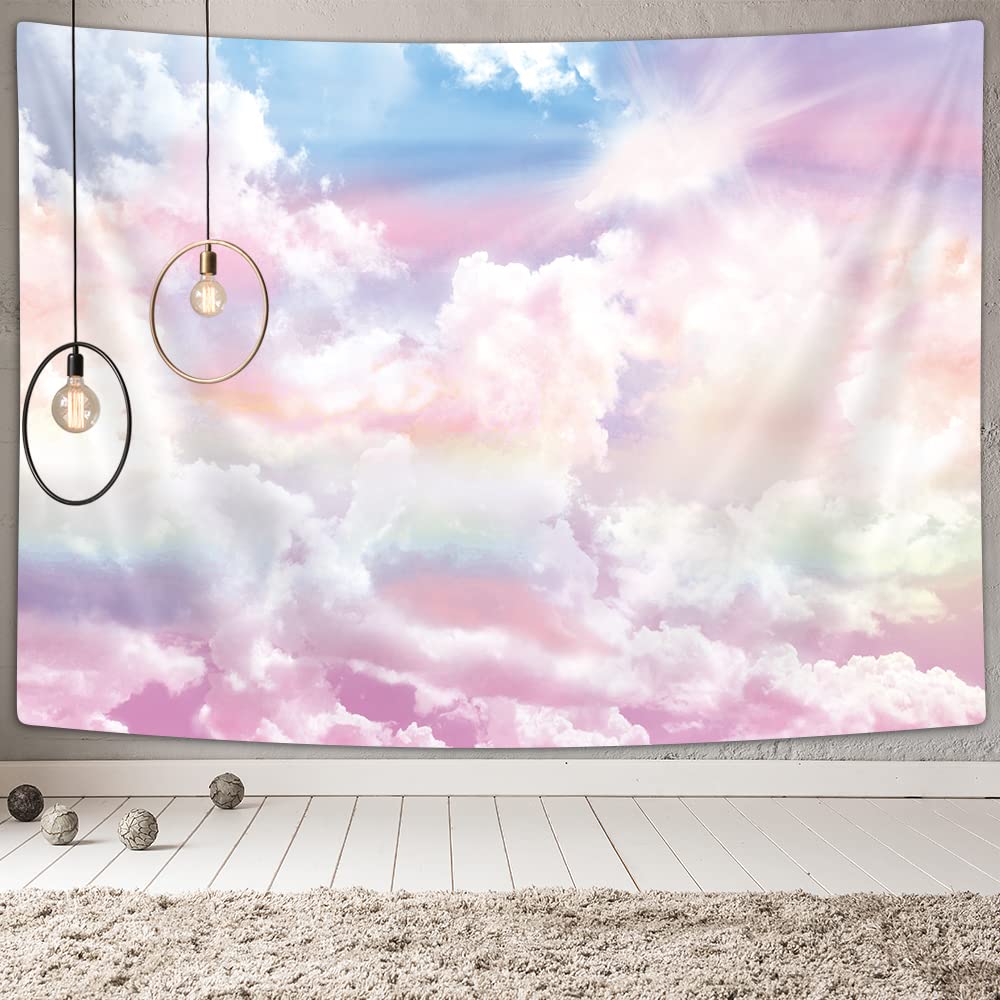 Pink Cloud Wall Tapestry for Girls Bedroom Aesthetic Decor, Abstract Colorful Sky Clouds Natural Landscape Tapestry Wall Art Hanging for College Dorm Home Girly Teen Party Backdrops