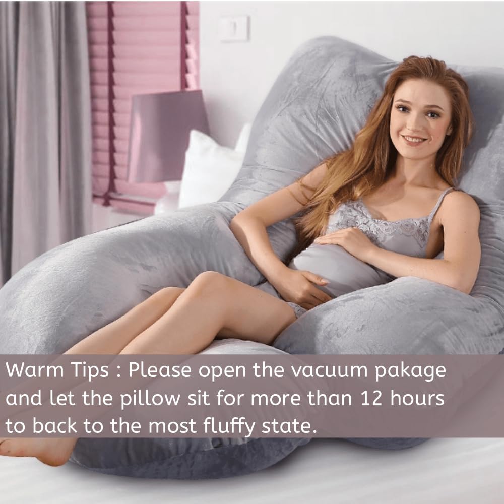 Skiennix 60 Inch U-Shaped Pregnancy Pillow - Cooling Full Body Maternity Support with Washable Velvet Cover | Grey