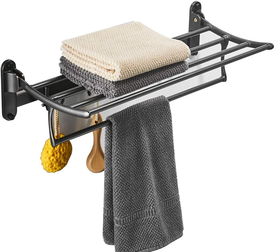 BESy 24 Inch Brushed Nickel Towel Racks, Bathroom Towel Shelf with Foldable Towel Bar Holder and Towel Hooks, Wall Mounted Multifunctional Bathroom Accessories, Double Towel Bars