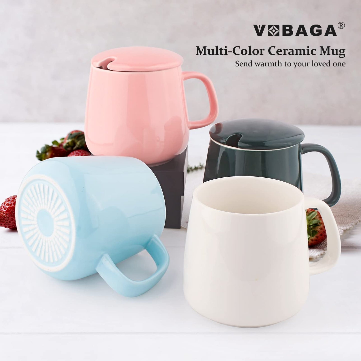 VOBAGA Coffee Cup with Lid and Flat-Bottom, 13 oz Tea Mug for Daily Use Warming Coffee&Tea(White)