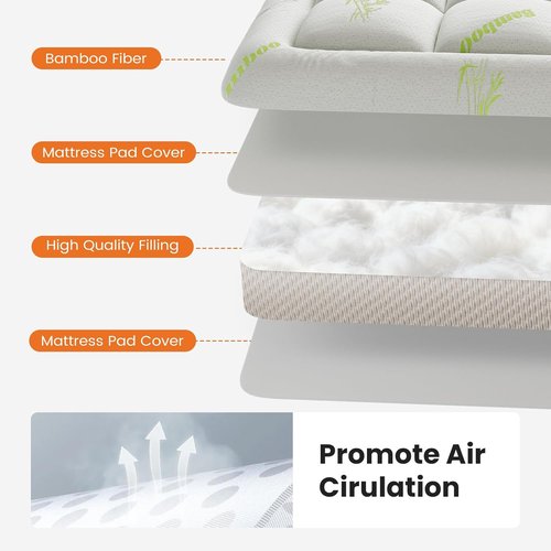 DUMOS Ultra Soft Queen Size Mattress Topper - Breathable Bamboo Viscose Pillow Top for Back Pain Relief